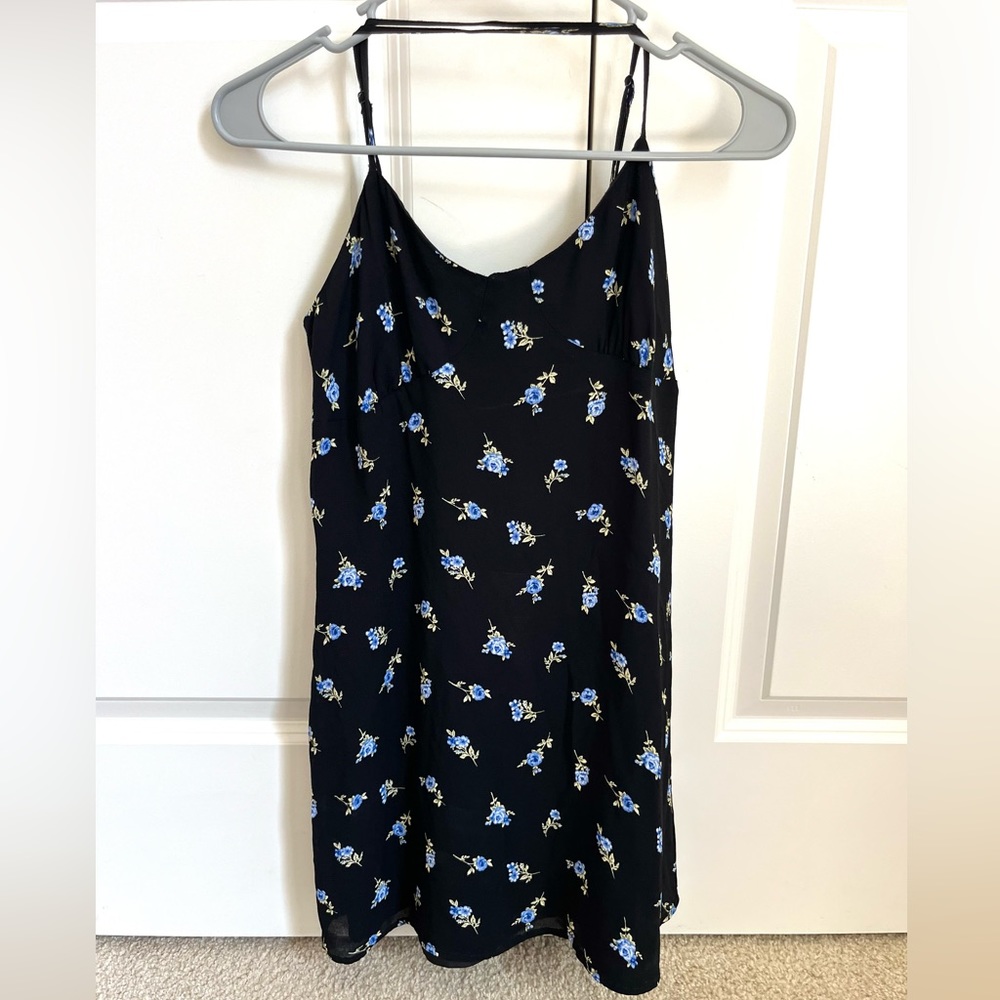 Forever 21 Cross Back Black Mini Dress with Blue Flowers